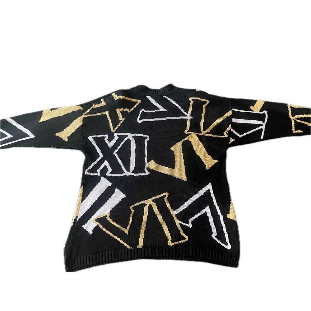 Chaus Sport Vintage 80s Roman Numeral Knit Sweater Black Gold White Oversized XL - Picture 6 of 7